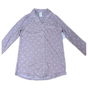 Laura Ashley Purple Button Down Nightgown Sleep Shirt Women's Large White Bow